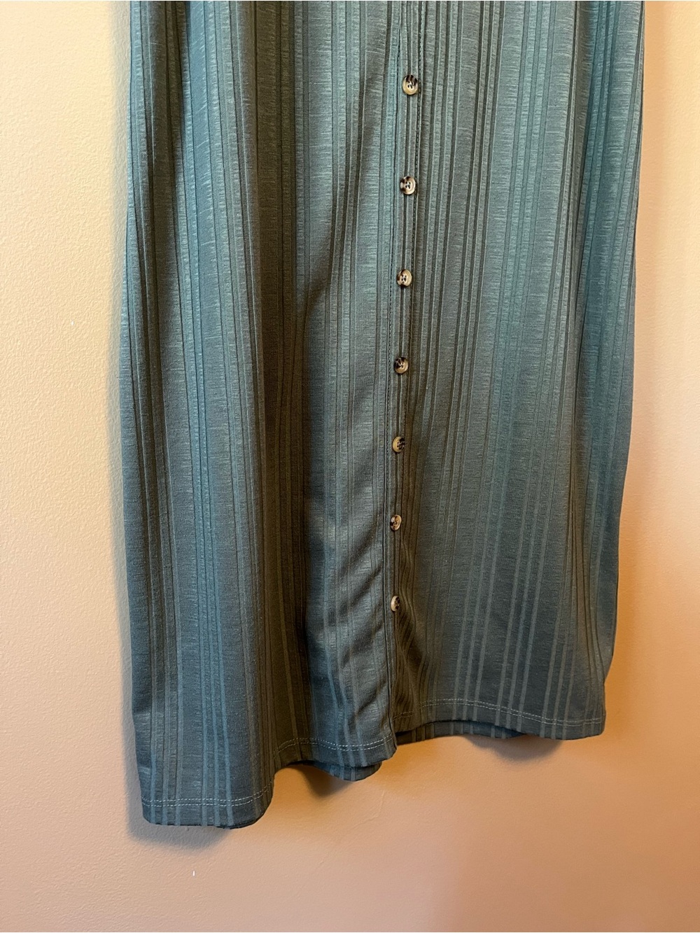 Olive Green Ribbed Button-Front Dress - Picture 3 of 7